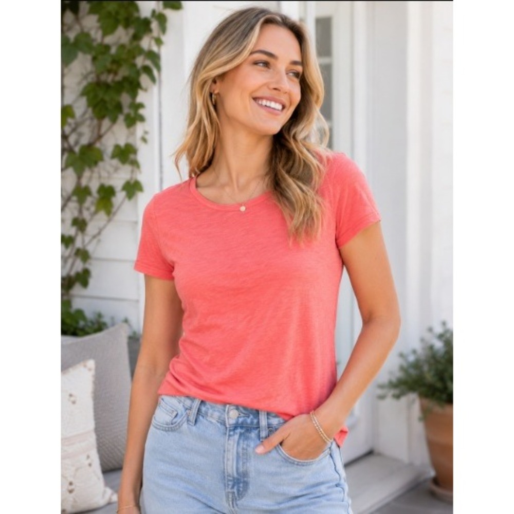 LOFT Vintage Soft Crew Neck Short Sleeve Tee Coral Pink Slub Knit Top Medium
